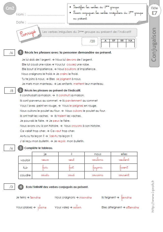 Cm2 Evaluation Conjugaison Corriges Present Verbes Irreguliers Du 3eme Groupe