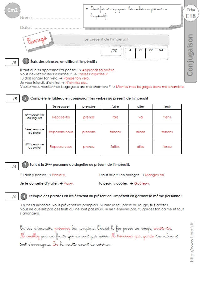 Cm2 Evaluation Conjugaison Corriges Le Present De L Imperatif