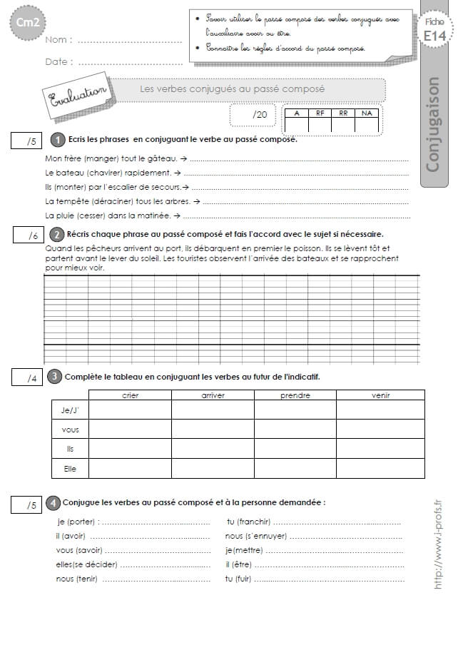 Cm2 Evaluation Conjugaison Corriges Le Passe Compose