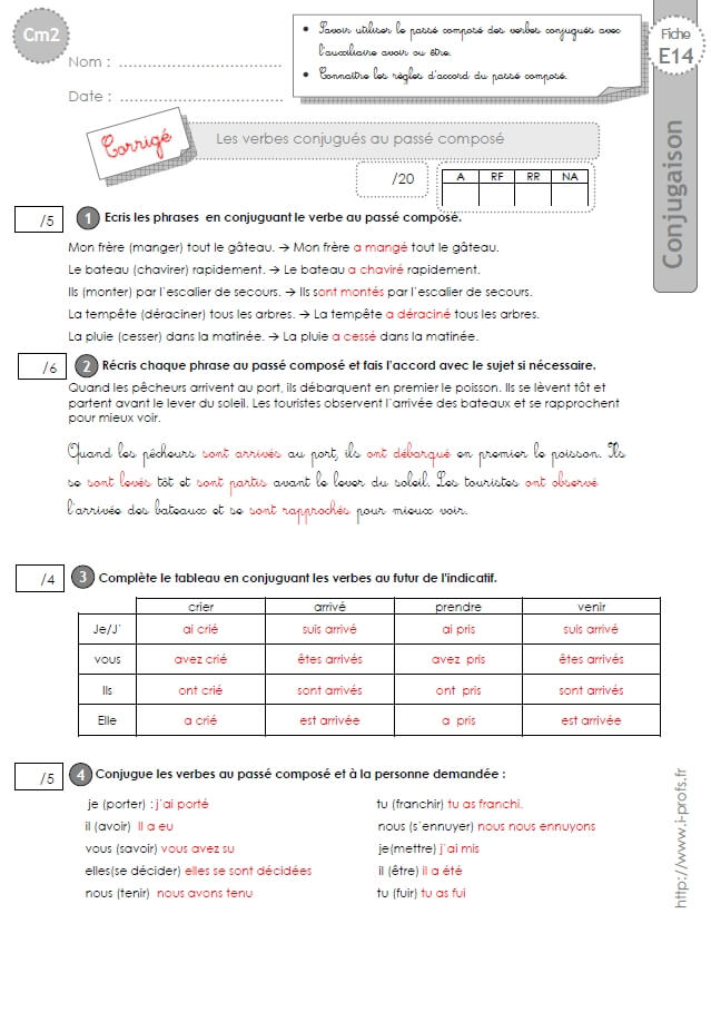 Cm2 Evaluation Conjugaison Corriges Le Passe Compose