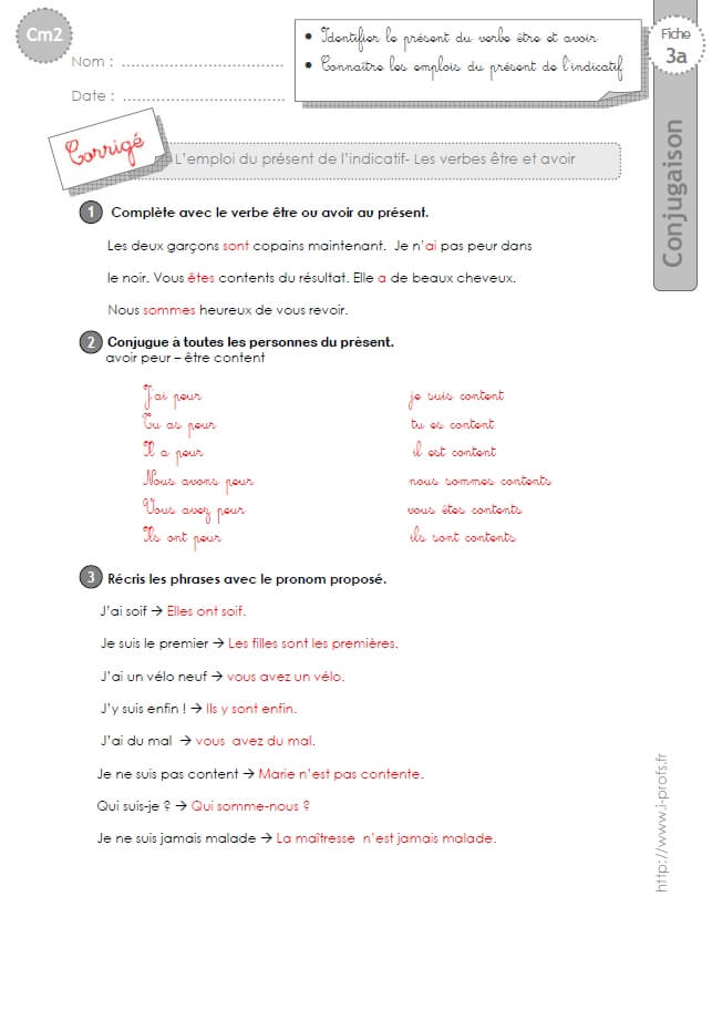 Cm2 Exercices Conjugaison Corriges Les Verbes Etre Et Avoir Au Present