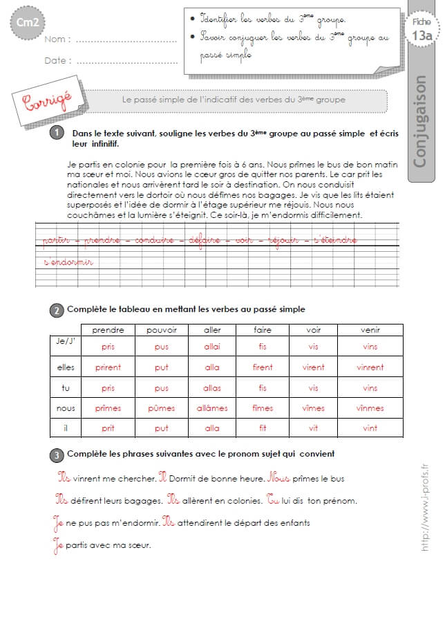 Cm2 Exercices Conjugaison Corriges Le Passe Simple Des Verbes Du 3eme Groupe