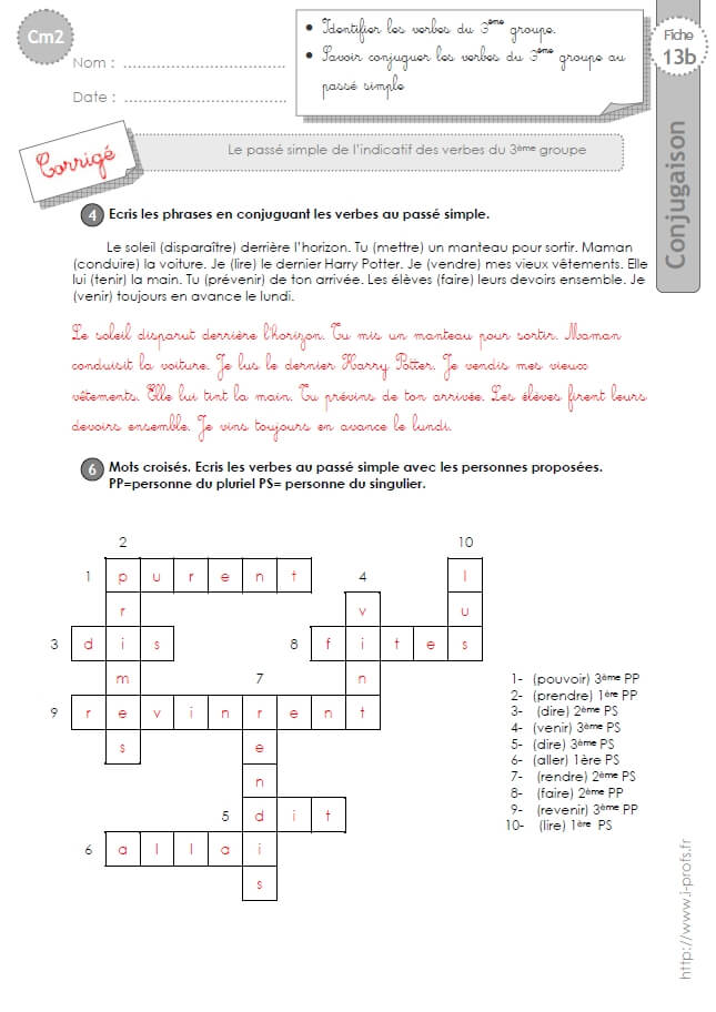 Cm2 Exercices Conjugaison Corriges Le Passe Simple Des Verbes Du 3eme Groupe