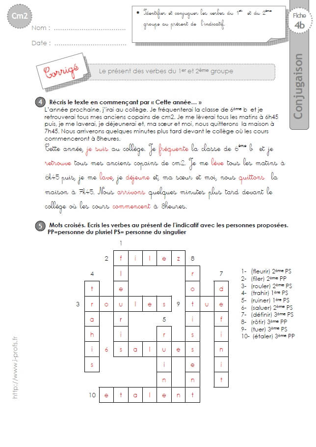 Cm2 Exercices Conjugaison Corriges Present Verbes Du 1er Et 2eme Groupe