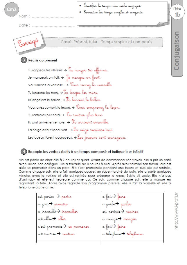 CM2:EXERCICES CONJUGAISON corrigés Passé, Présent, Futur temps simples et composés