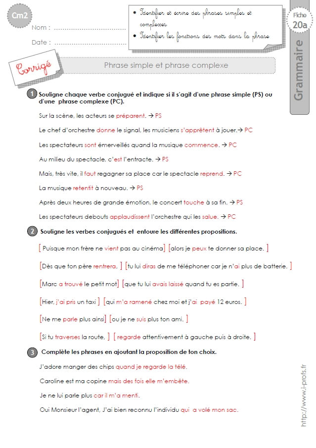 CM2: EXERCICES phrase simple phrase complexe