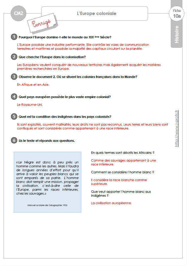 Cm2 Histoire 19ème Siècle Leurope Coloniale Exercices