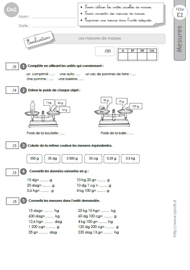 Cm2 Evaluation Sur Les Mesures De Masses