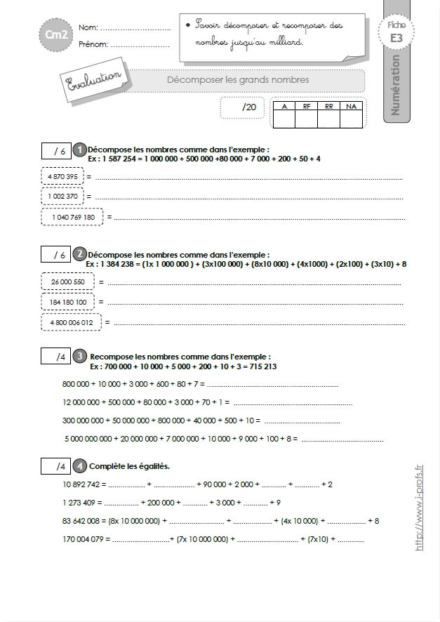 Cm2 Evaluation Decomposer Les Nombres