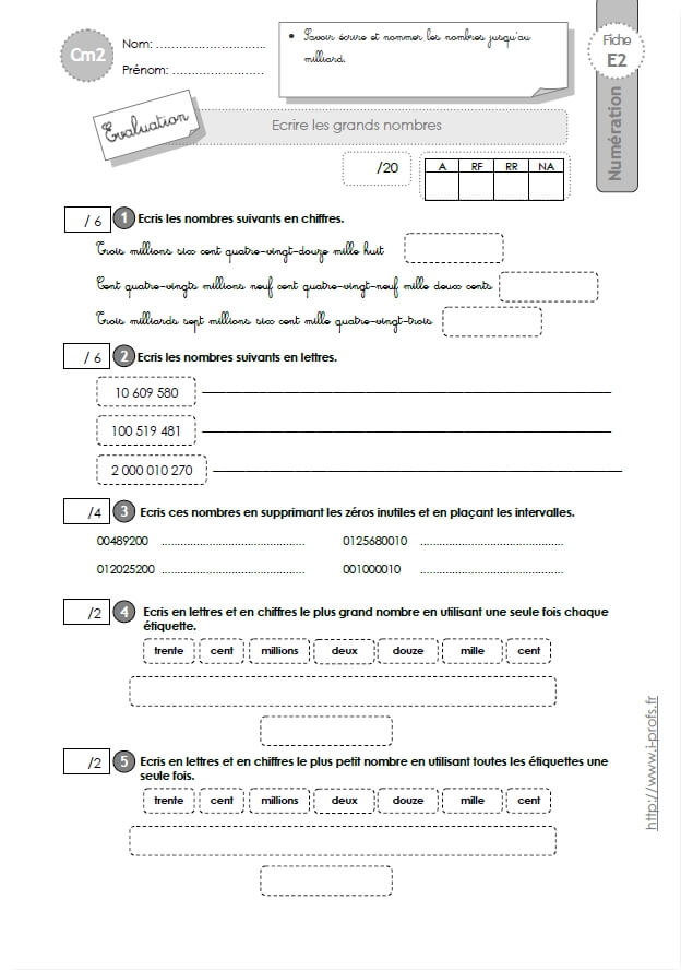 Cm2 Evaluation Ecrire Les Grands Nombres Jusqu Au Milliard