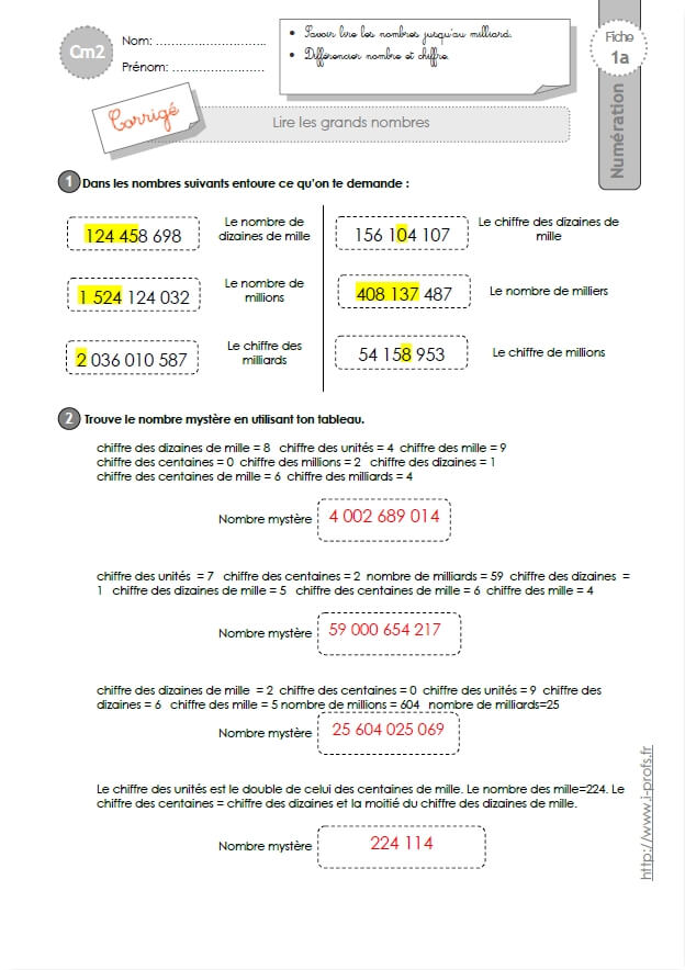 Cm2 Exercices Lire Les Grands Nombres Jusqu Au Milliard