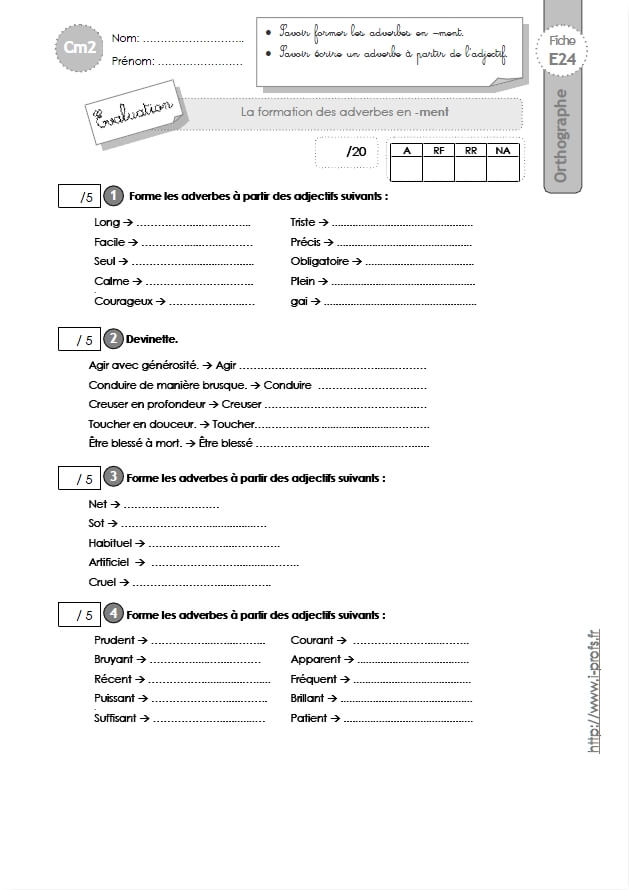 Cm2 Evaluation Les Adverbes Ternines Par Ment