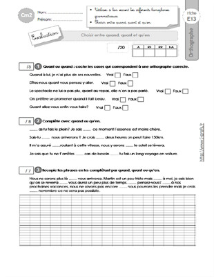 CM2: EVALUATION Les homophones qu'en/quand/quant