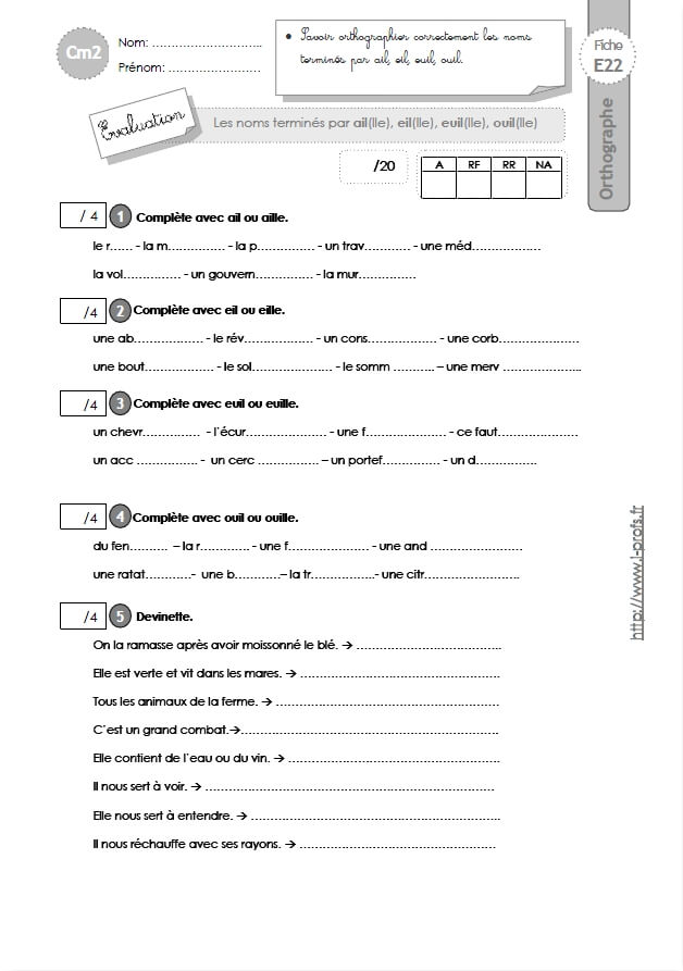 Cm2 Evaluation Les Mots Termines Par Le Son J