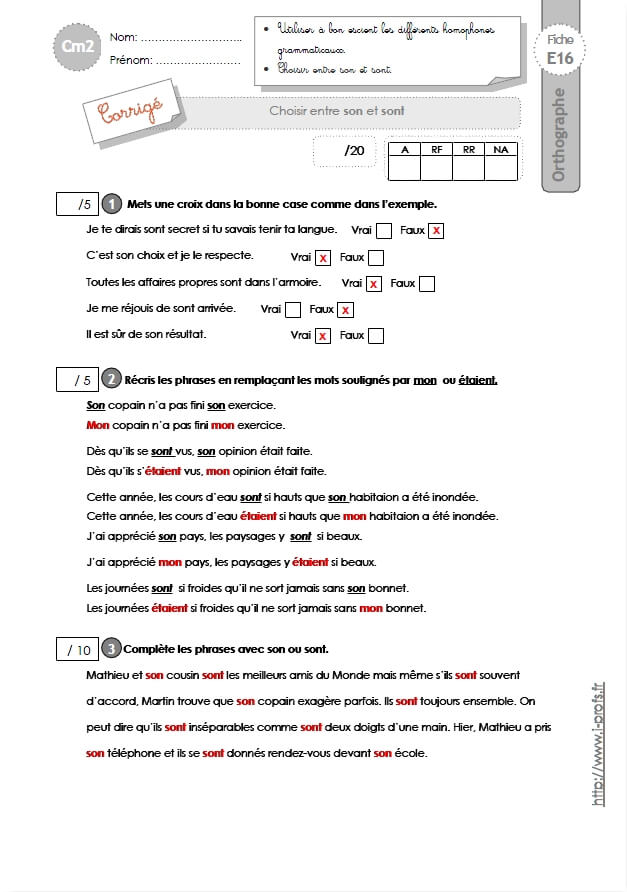 CM2: EVALUATION Les homophones son/sont