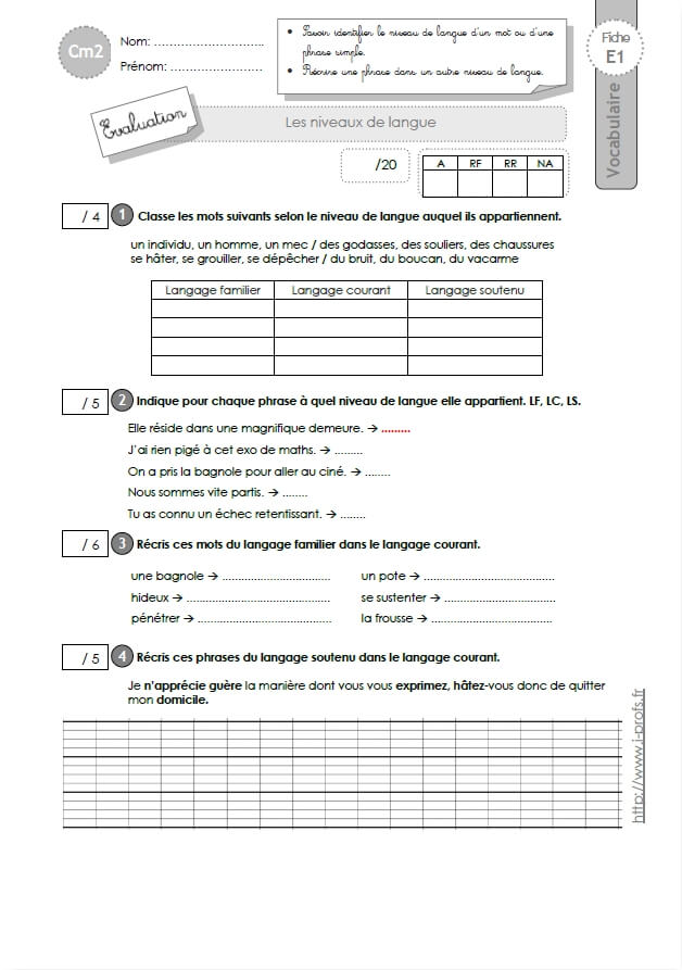 evaluation  cont u00f4le et bilan de vocabulaire cm2  les niveaux de langue