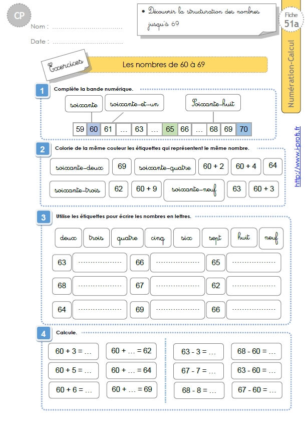 Cp Numeration Calcul Les Nombres De 60 A 69