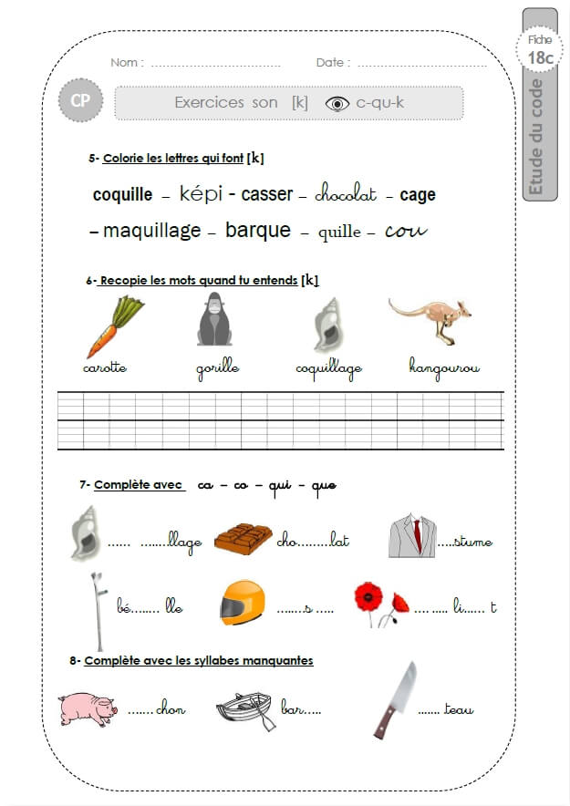 Cp Le Son K Au Cp 240 Fiches D Exercices Corriges