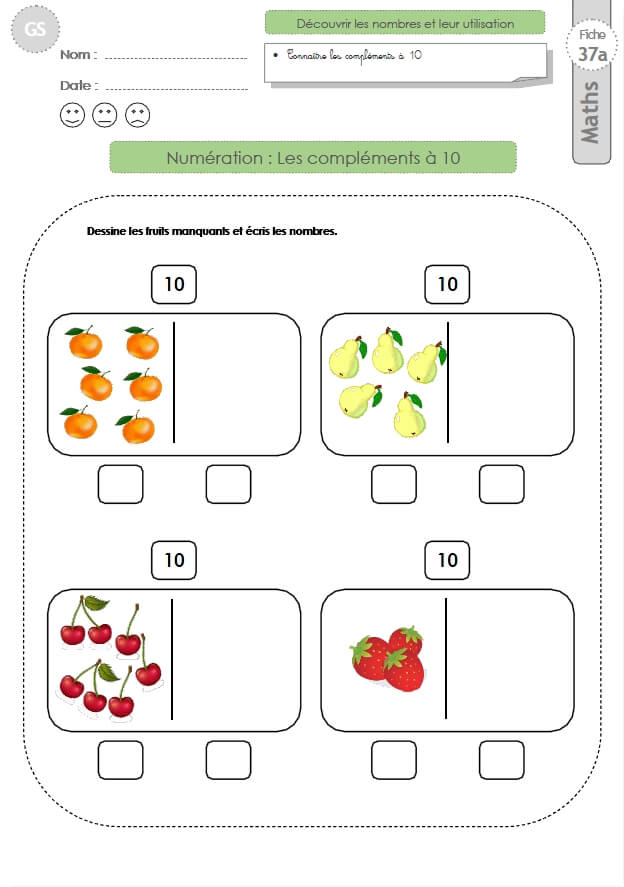 Gs Exercices Mathematiques Les Complements A 10 En Maternelle Grande Section