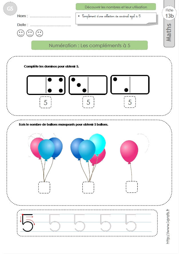 Gs Exercices Mathematiques Les Complements A 5 En Maternelle Grande Section