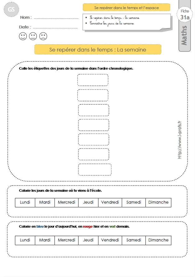 Gs Exercices Mathematiques Images Sequentielles La Semaine En Maternelle Grande Section