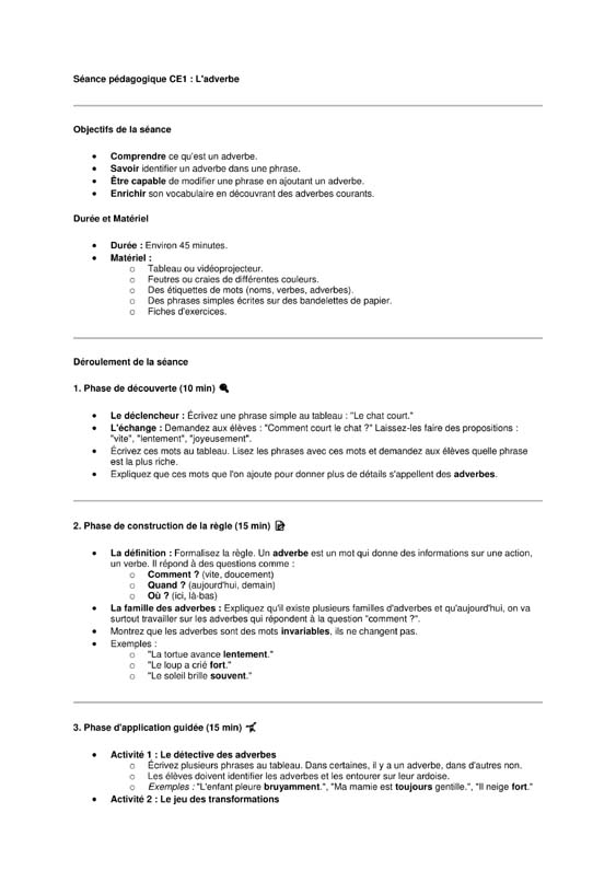 seance grammaire ce1 l'adverbe