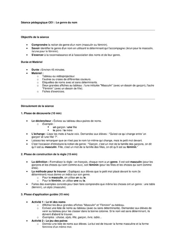 seance grammaire ce1 le genre du nom