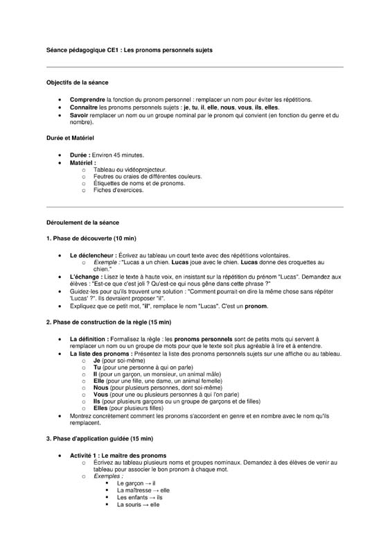 seance grammaire ce1 les pronoms