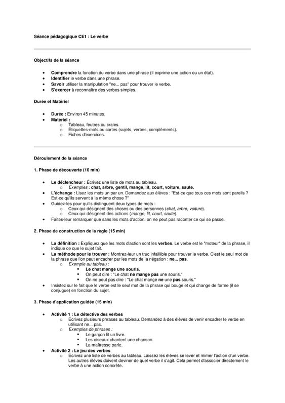 seance grammaire ce1 le verbe