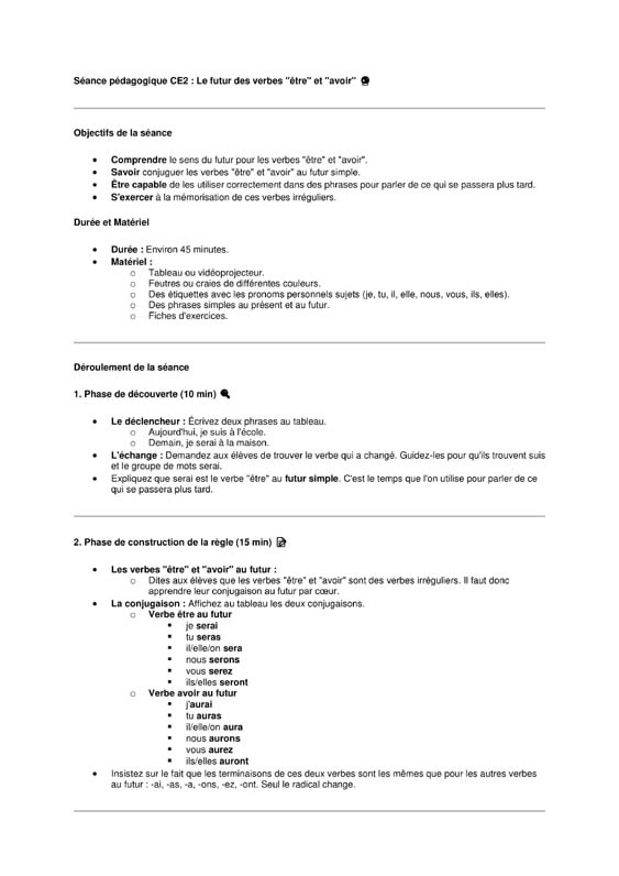 seance ce2 futur des verbes être et avoir au ce2