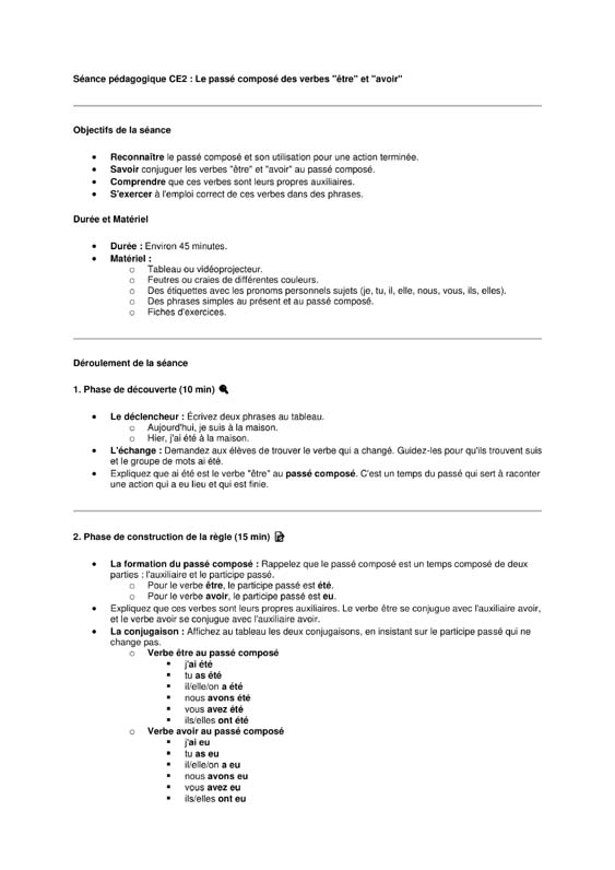 seance ce2 passé composé des verbes être et avoir