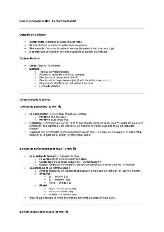 seance grammaire ce2 ccord sujet verbe