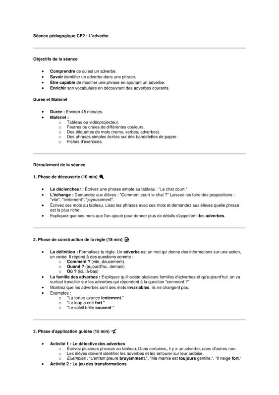seance ce2 l'adverbe 