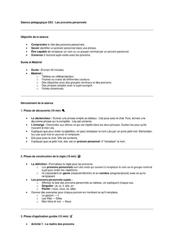 seance grammaire ce2 les pronoms