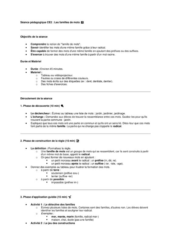 seance ce2 Vocabulaire: les familles de mots