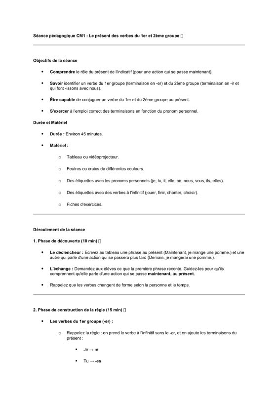 seance cm1 présent des verbes du 1er et 2ème groupe 