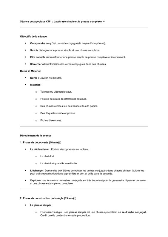seance cm1 phrase simple et complexe