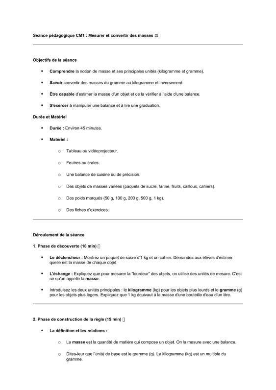 seance cm1 mesurer et convertir des masses