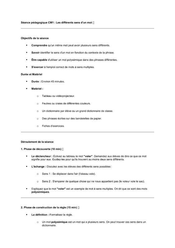 seance cm1 les différents sens d'un mot