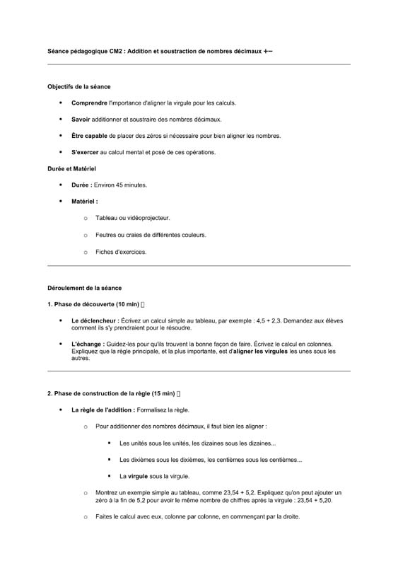 seance cm2 ddition et la soustraction décimale
