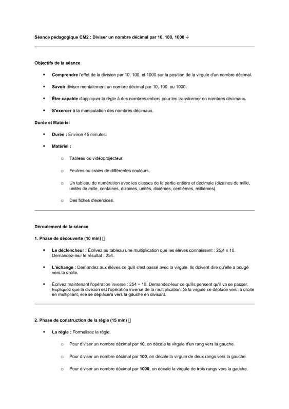 seance cm2 diviser un décimal par 10,100,1000… 