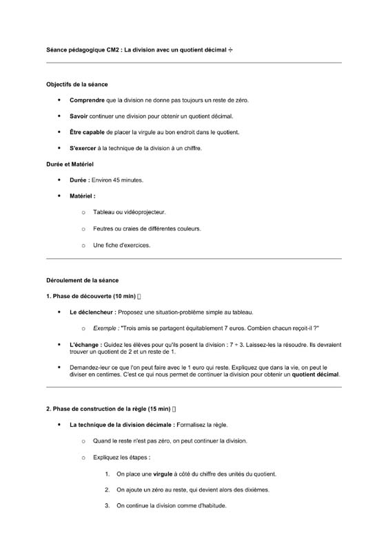 seance cm2 La division avec quotient décimal