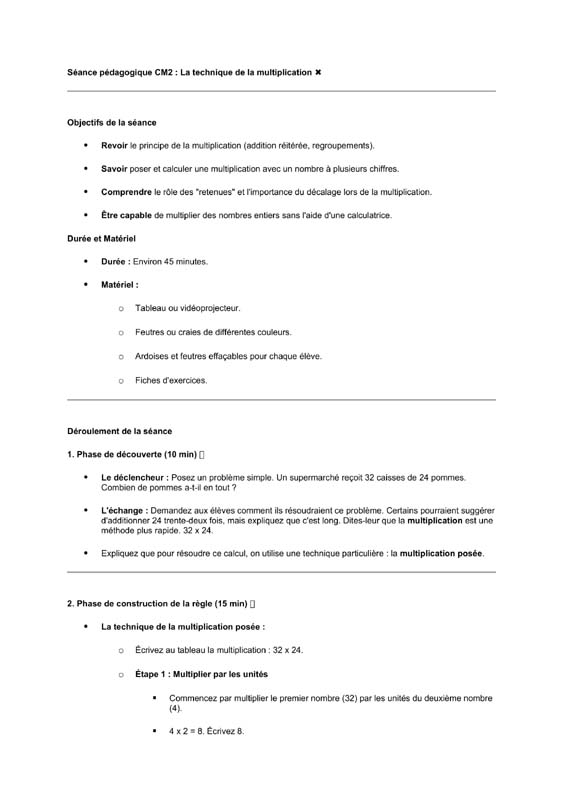 seance cm2 Technique opératoire de la multiplication
