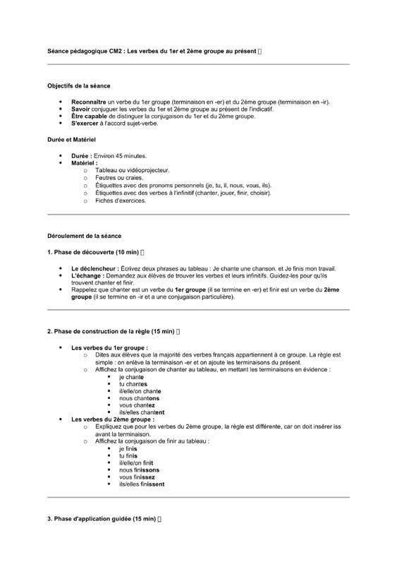 seance cm2 Verbes du 1er et 2ème groupe au présent