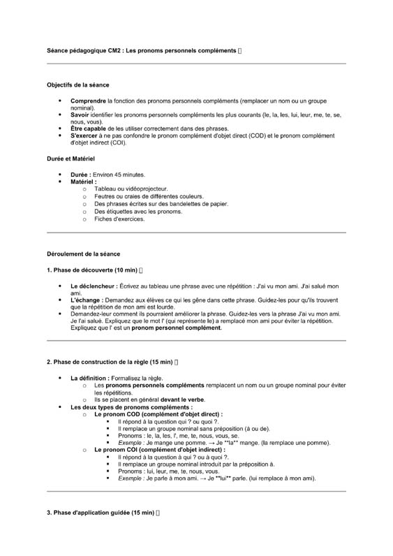 seance cm2 Les pronoms personnels compléments