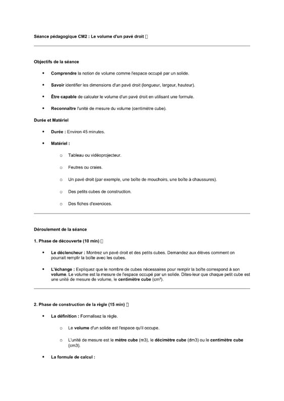 seance cm2 Le volume du pavé droit