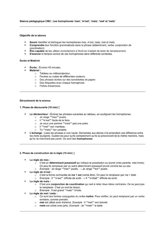 seance cm2 Homophones mes/m’est/mais-met/mets