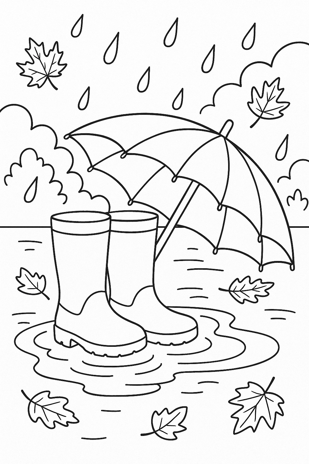 coloriage d'automne gratuit bottes et parapluie sous pluie d'automne