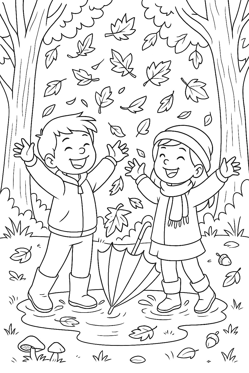 coloriage d'automne gratuit enfants jouant dans les feuilles d'automne