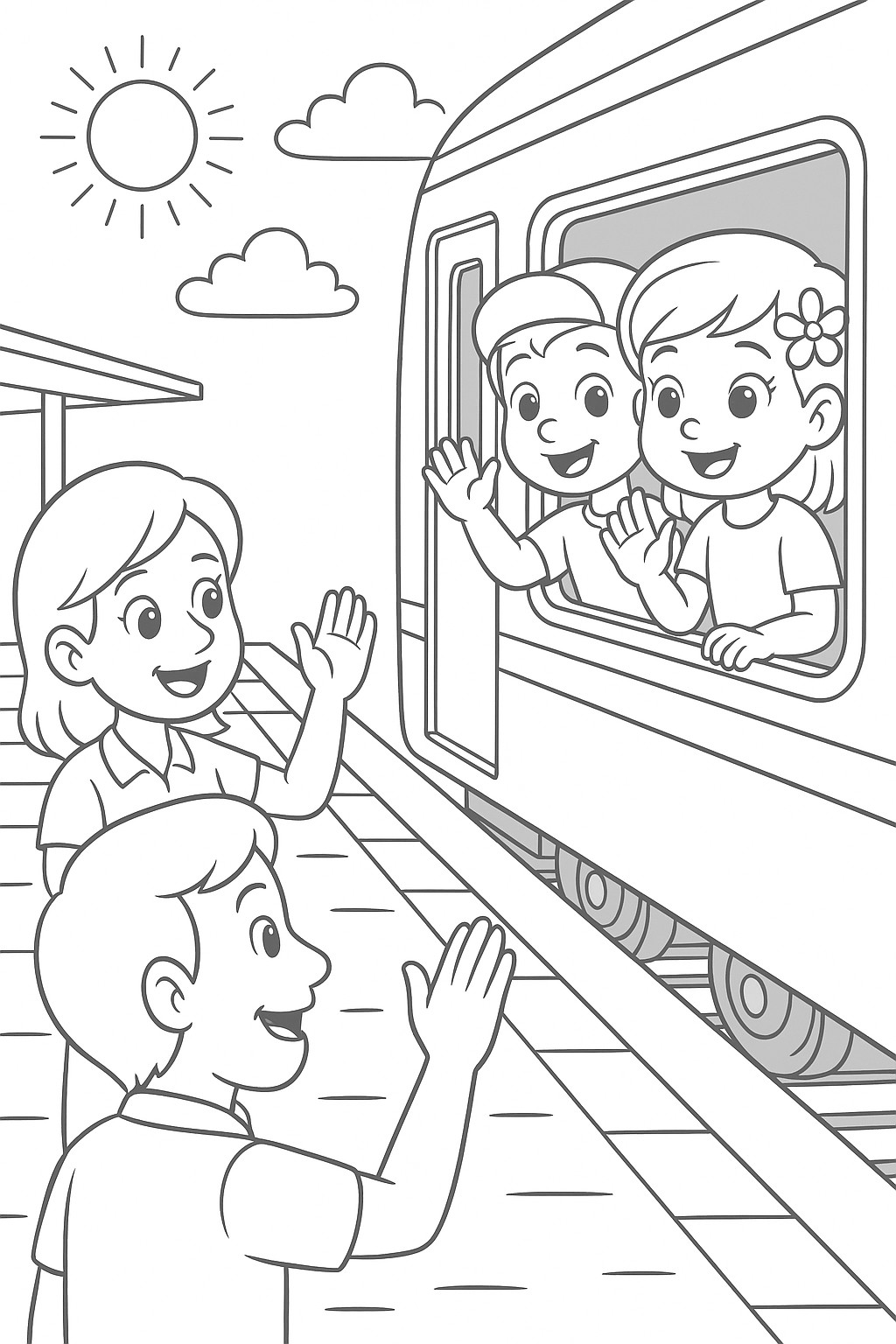 coloriages gratuits sur l'été des enfants partent en train en vacances